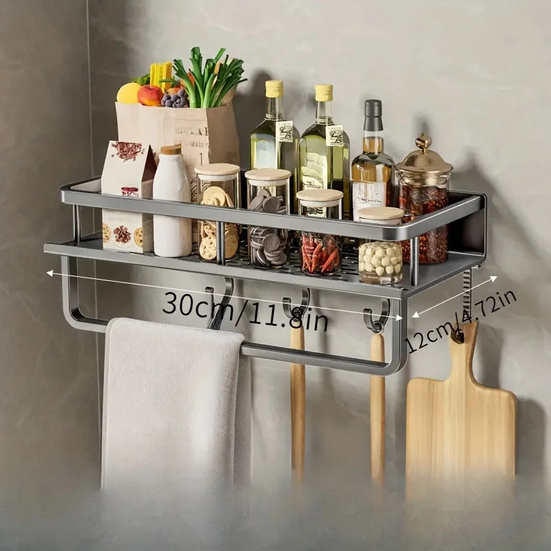 Wall-Mounted Multifunctional Storage Rack with Rod & Hooks