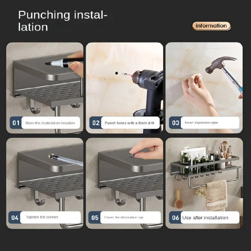 Wall-Mounted Multifunctional Storage Rack with Rod & Hooks