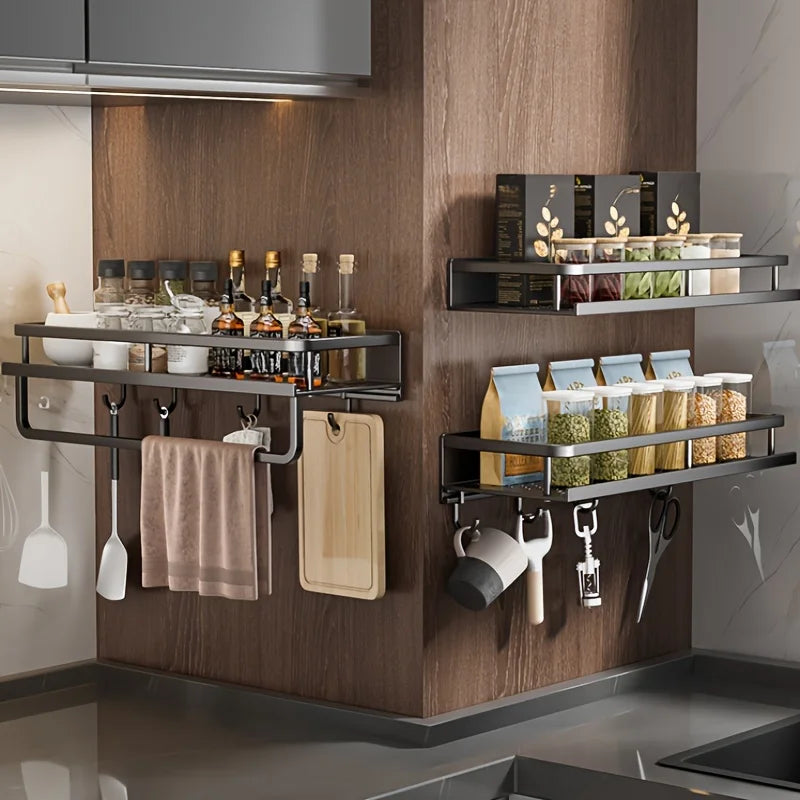 Wall-Mounted Multifunctional Storage Rack with Rod & Hooks